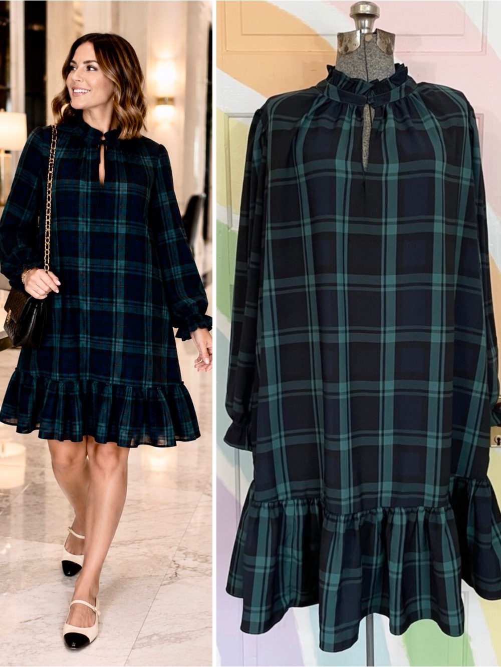 J. Crew Green Black Watch Tartan Plaid Ruffle Puff Sleeve Dress Sz 2X 🧡🎀